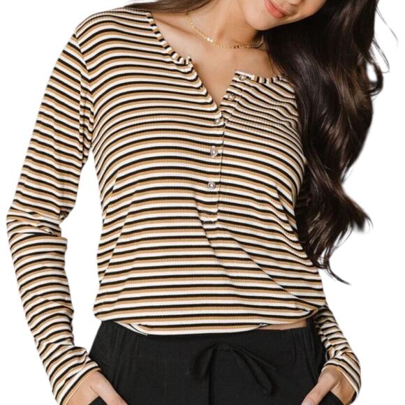 Albion Fit Mustard And Black Stripe Henley Long Sleeve Ribbed Top Size Medium - Picture 1 of 12